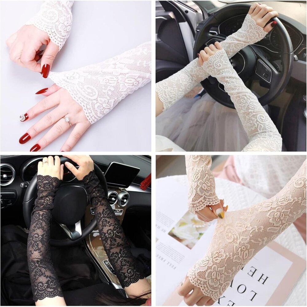 Women's A-Pink Floral Lace Long Arm Sleeves Hollow Fingerless Gloves Design - Picture 7 of 7